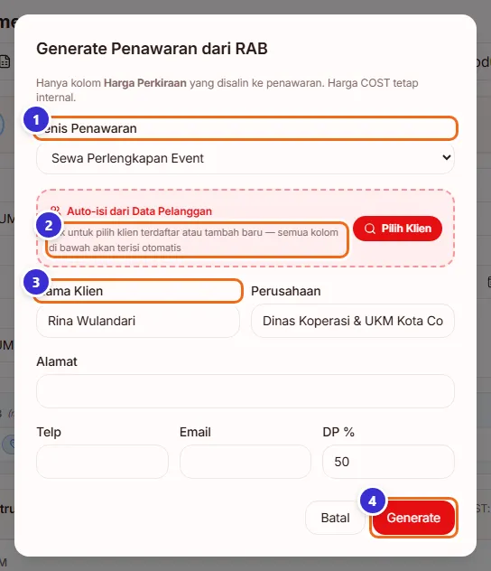 Dialog Generate Penawaran dari RAB