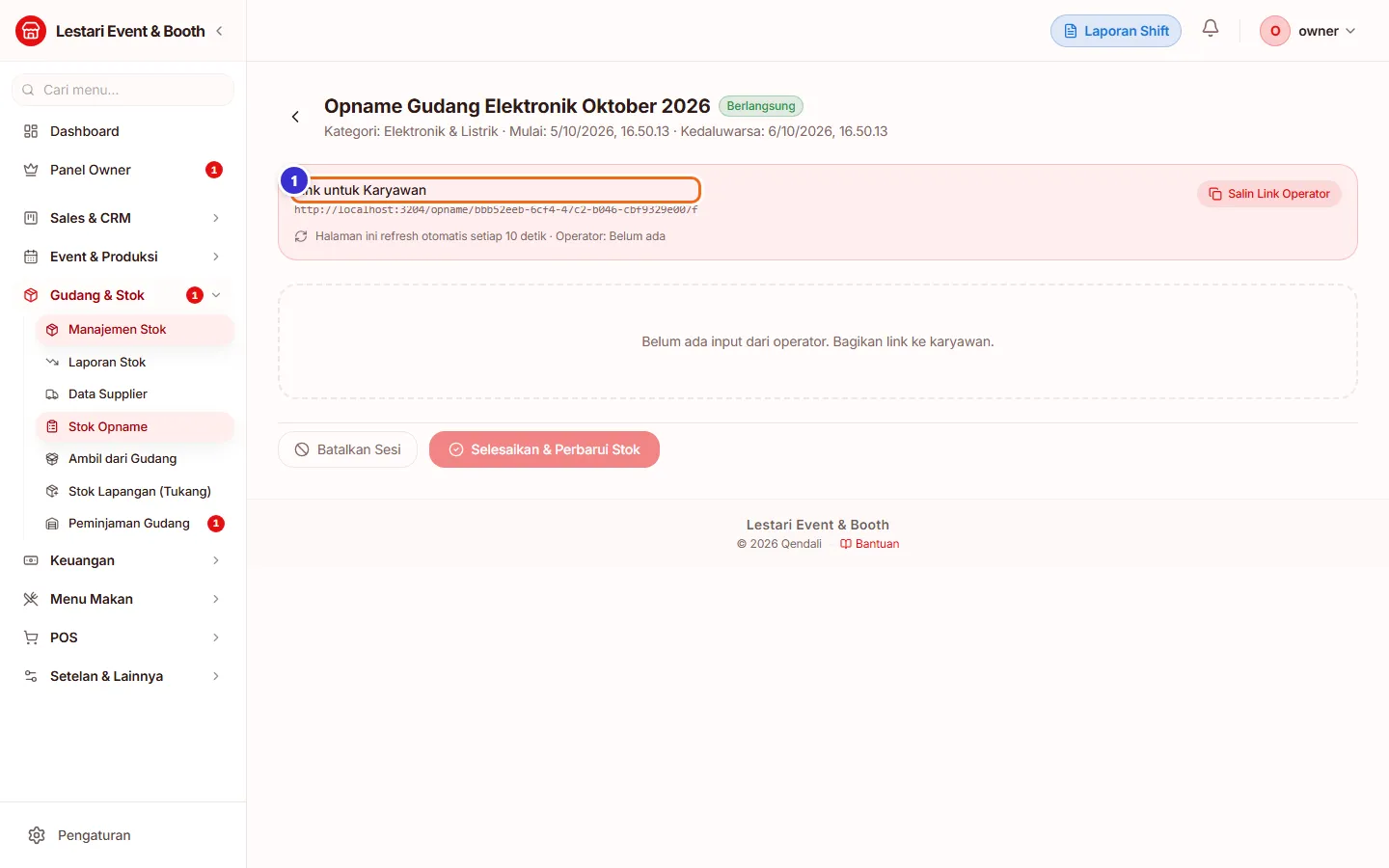 Halaman sesi opname dengan Link untuk Karyawan