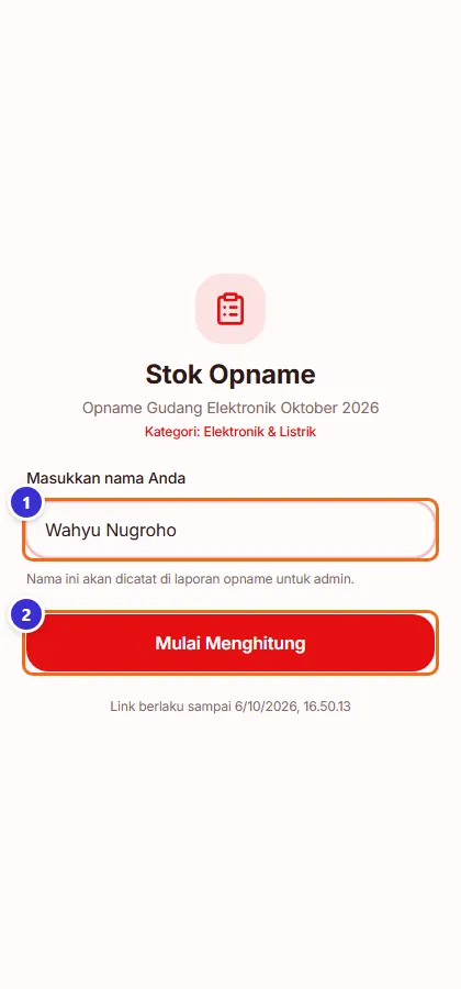 Halaman Stok Opname untuk karyawan: isi nama