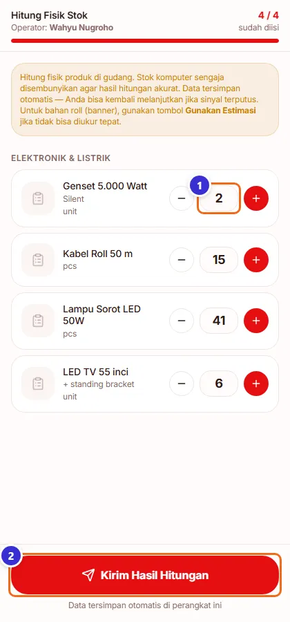 Daftar barang dengan kolom jumlah