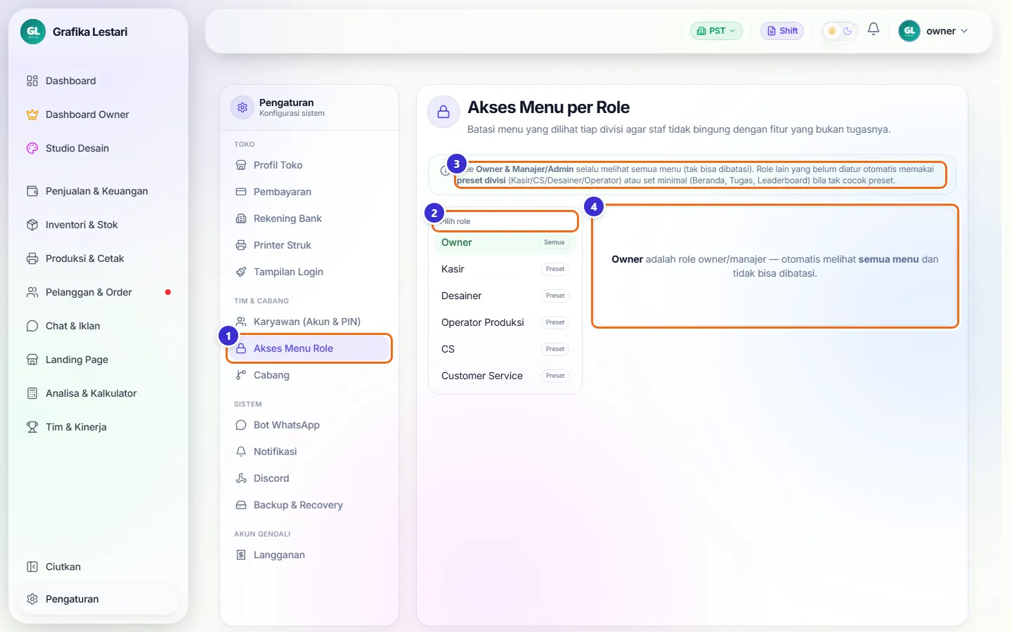 Halaman Akses Menu per Role dengan Owner terpilih