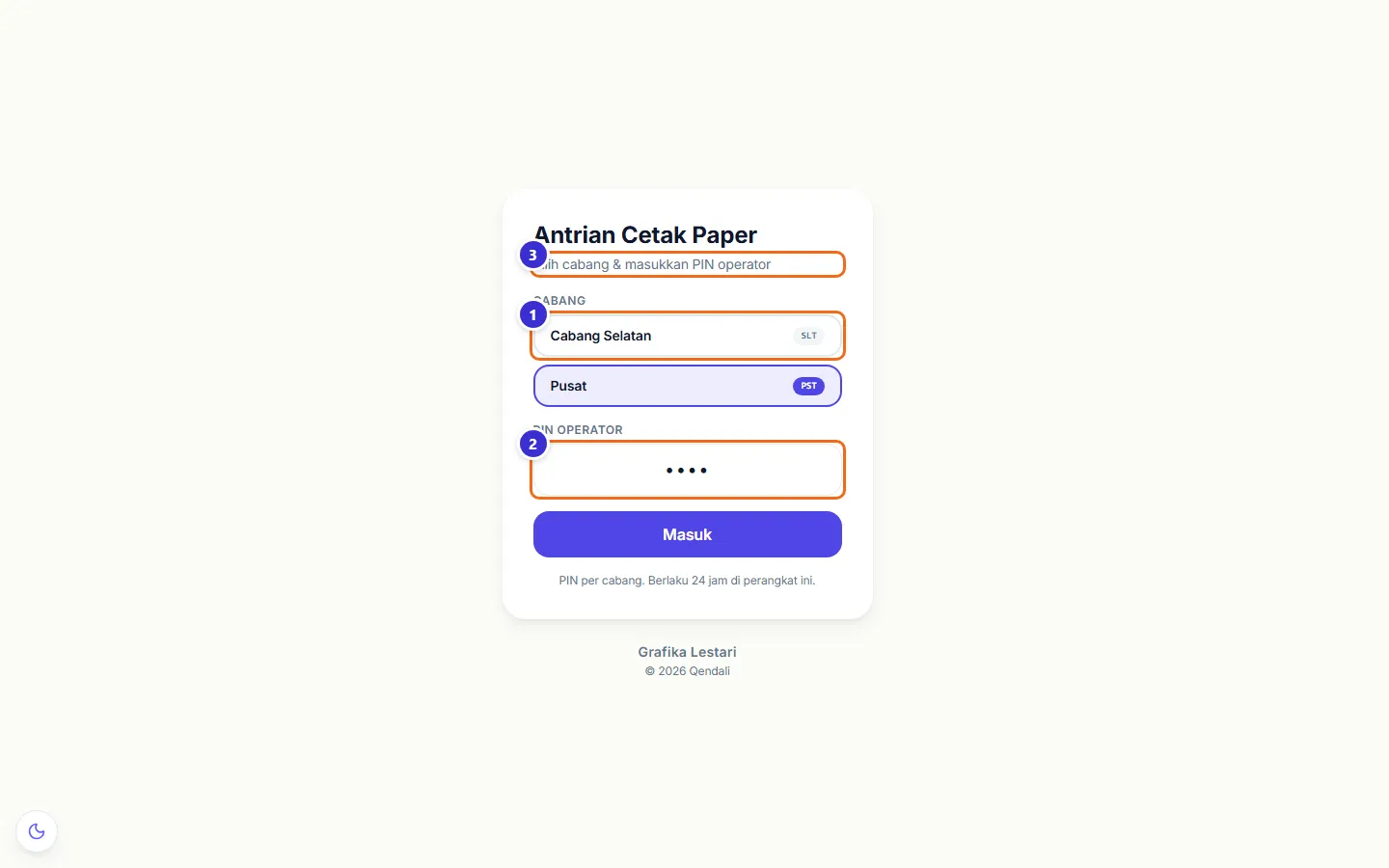 Layar masuk Antrian Cetak Paper