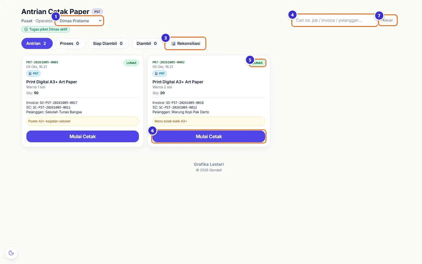 Papan operator dengan dua job di tab Antrian