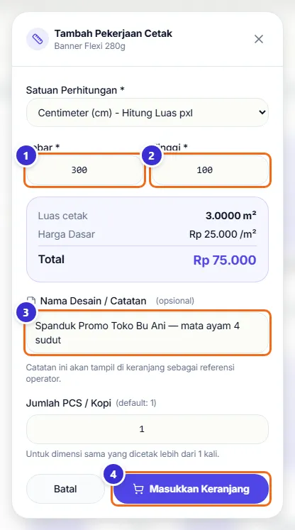 Jendela Tambah Pekerjaan Cetak di kasir