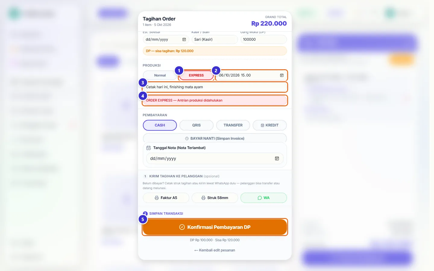Bagian Produksi di layar pembayaran dengan EXPRESS dipilih