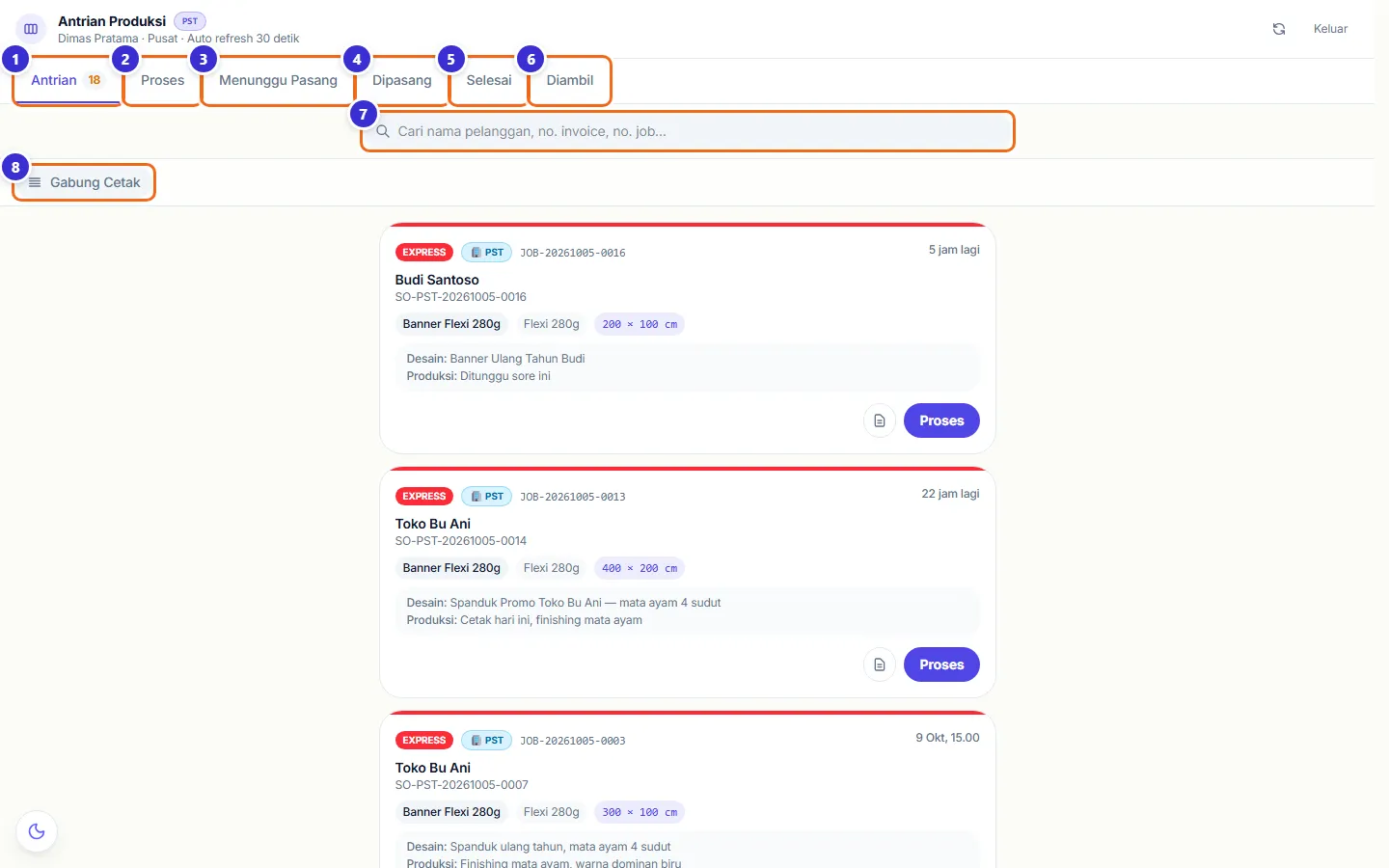 Papan antrian produksi dengan tab dan kartu job