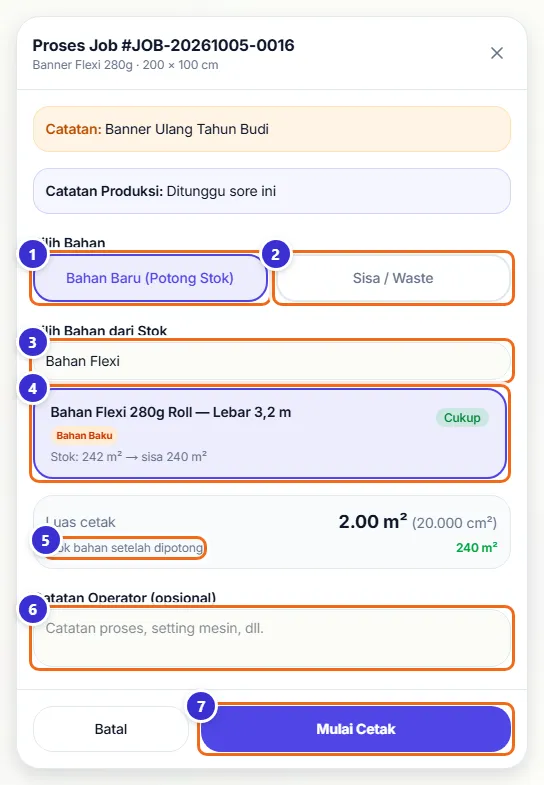 Jendela Proses Job dengan pilihan bahan