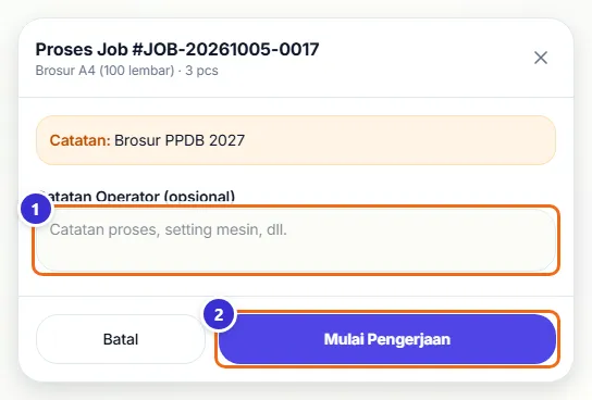 Jendela Proses Job produk satuan