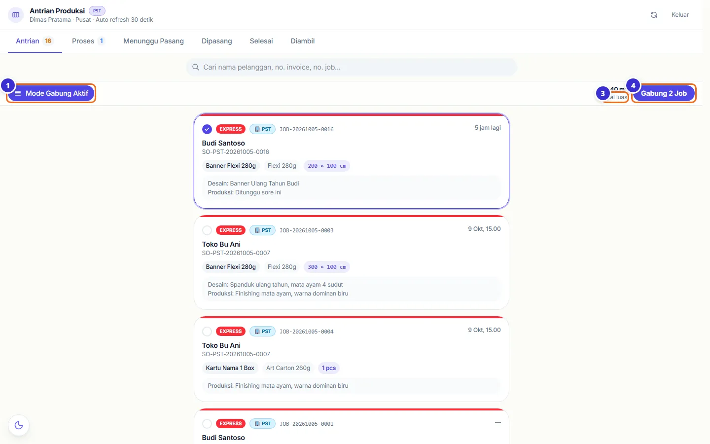 Mode gabung cetak dengan dua job dicentang
