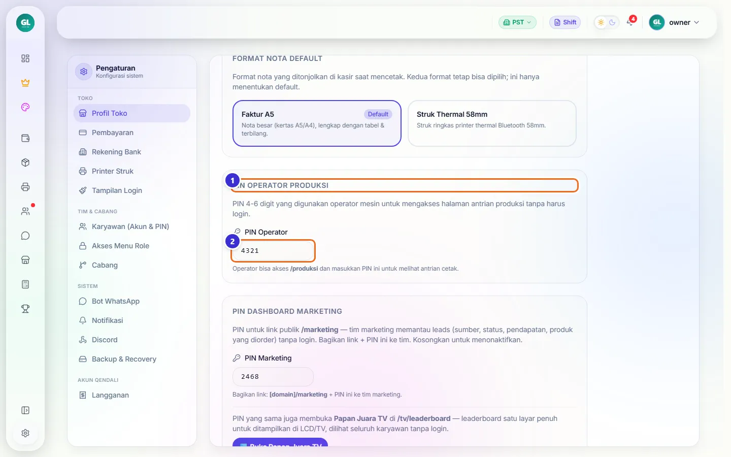 Kolom PIN Operator di Profil Toko