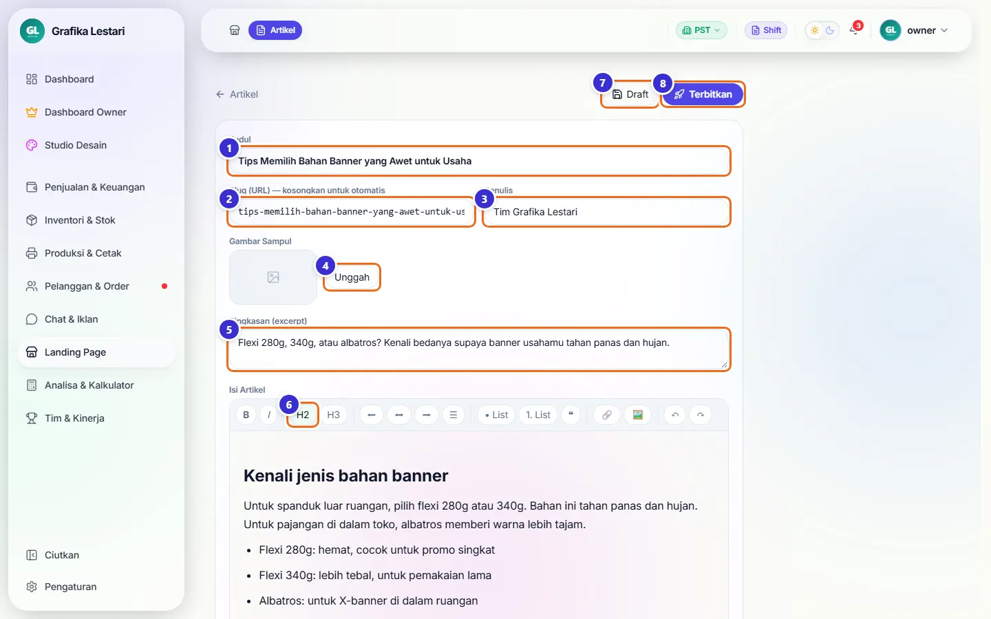 Editor artikel berisi judul, slug, penulis, sampul, ringkasan, dan isi