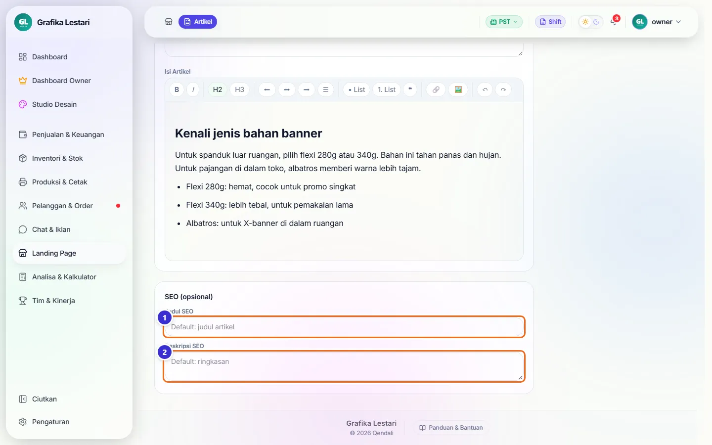 Bagian SEO di editor artikel