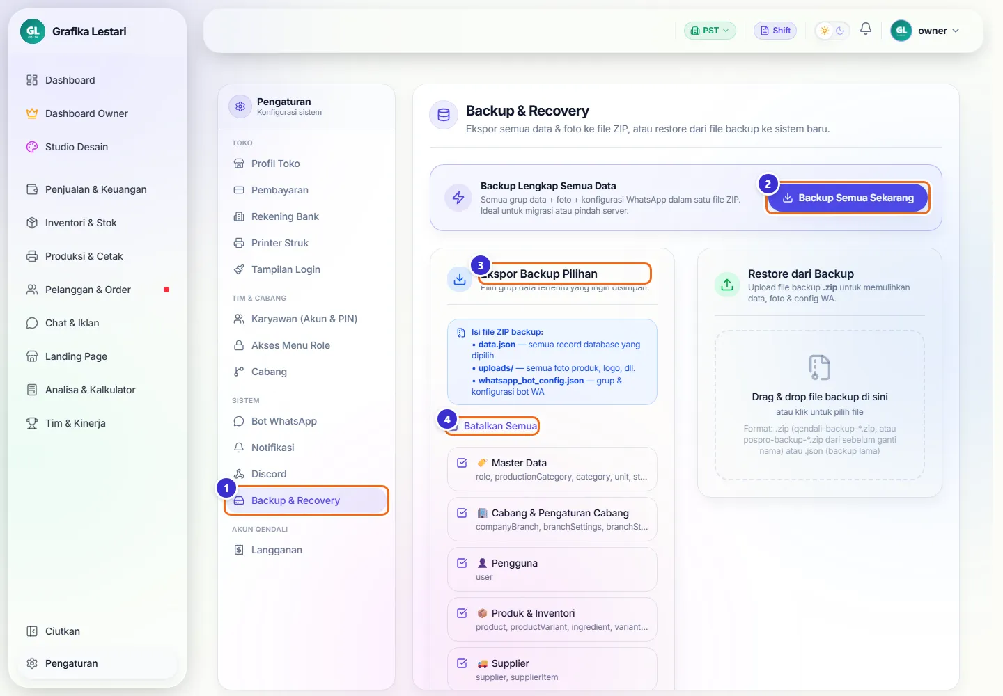 Halaman Backup & Recovery dengan tombol Backup Semua Sekarang dan daftar grup data
