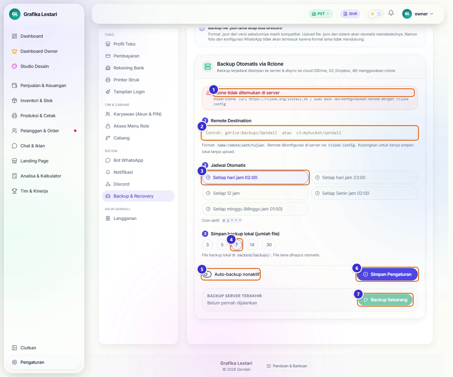 Bagian Backup Otomatis via Rclone dengan peringatan rclone tidak ditemukan