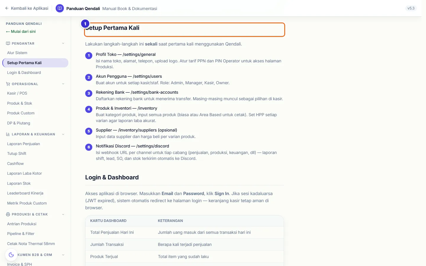 Bab Setup Pertama Kali berisi langkah bernomor