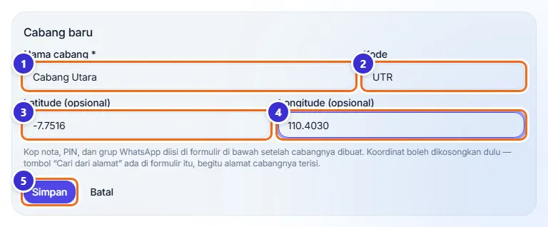 Formulir Cabang baru berisi Cabang Utara, UTR, dan koordinat
