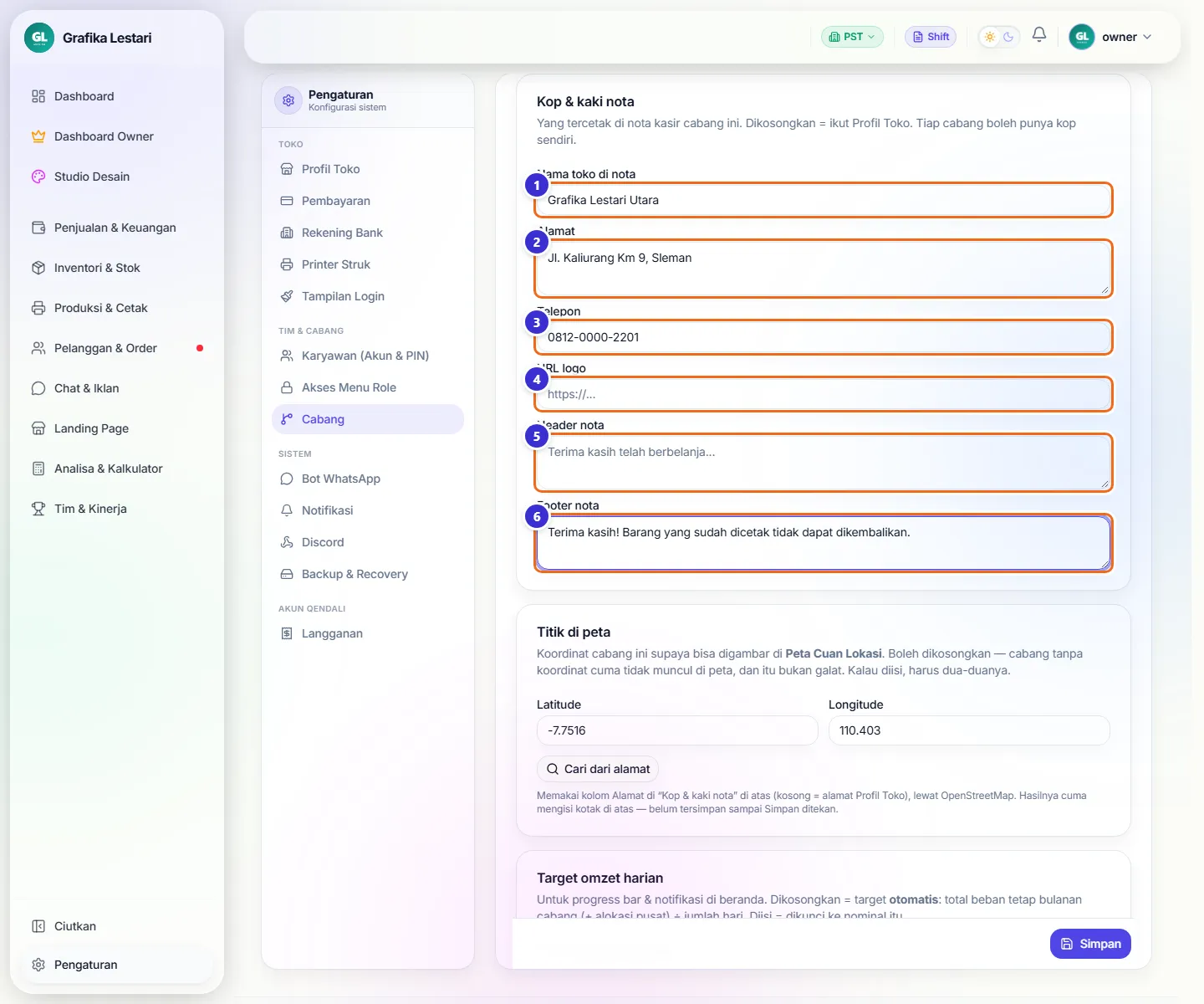 Bagian Kop & kaki nota berisi nama, alamat, telepon, dan footer nota