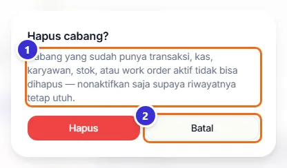 Kotak konfirmasi Hapus cabang dengan tombol Hapus dan Batal