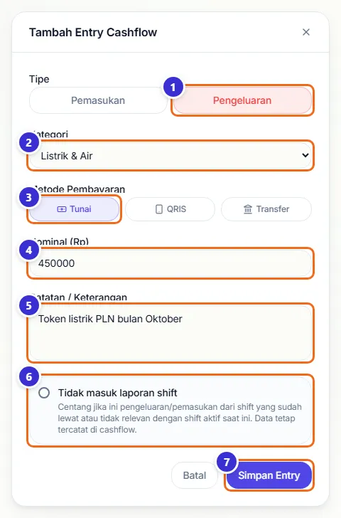 Formulir Tambah Entry Cashflow untuk pengeluaran listrik