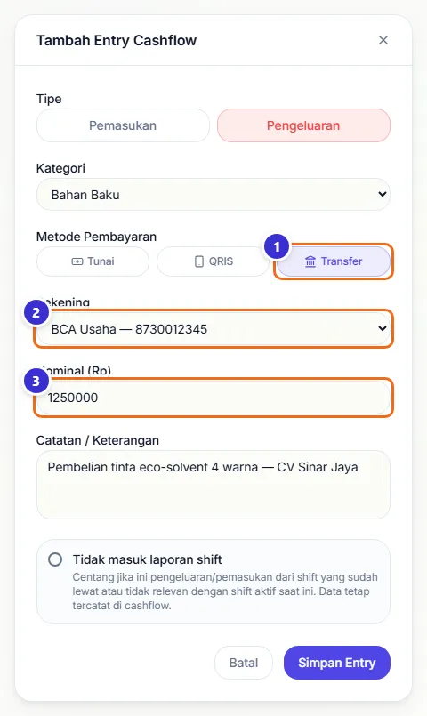 Formulir pengeluaran dengan metode Transfer dan pilihan rekening