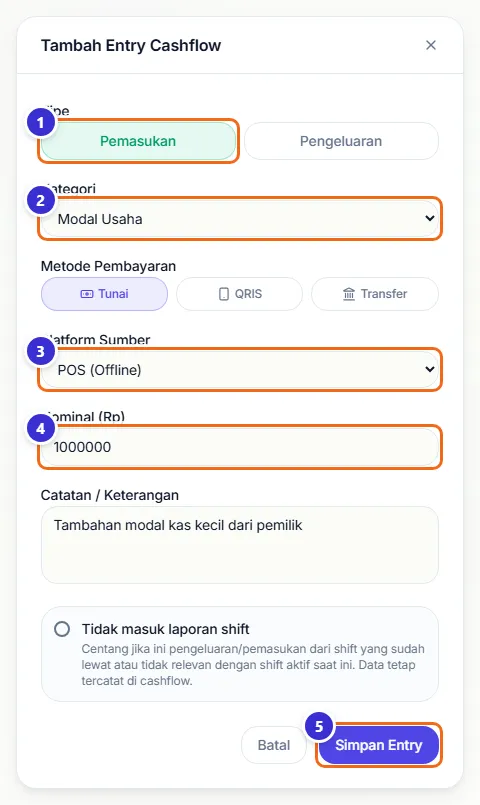 Formulir pemasukan dengan kategori Modal Usaha