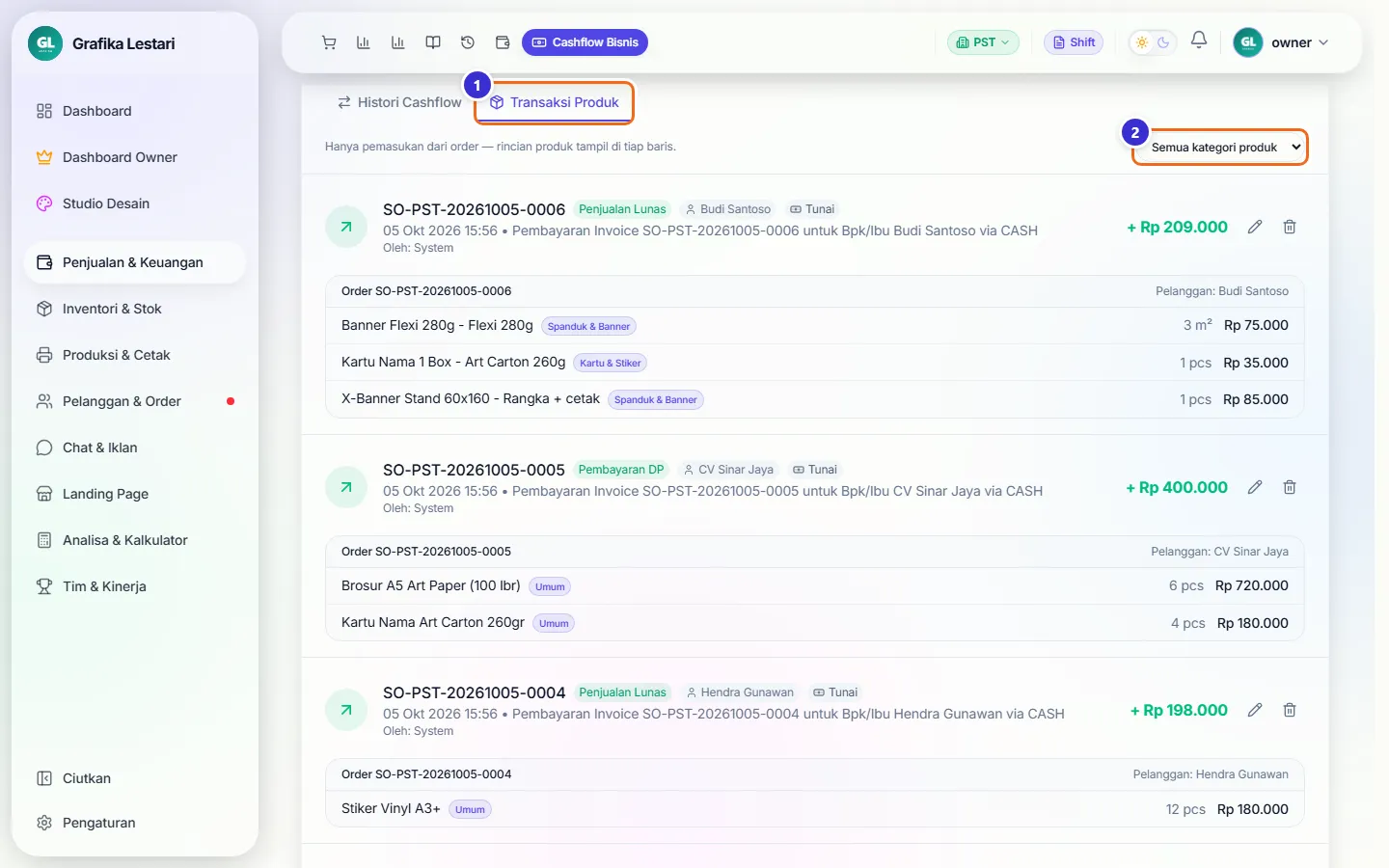Tab Transaksi Produk berisi nota beserta rincian produk