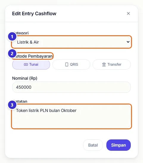 Dialog Edit Entry Cashflow