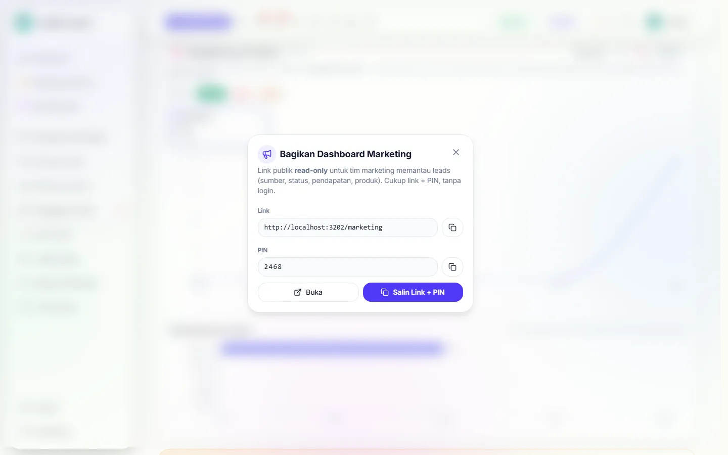 Jendela Bagikan Dashboard Marketing berisi link dan PIN