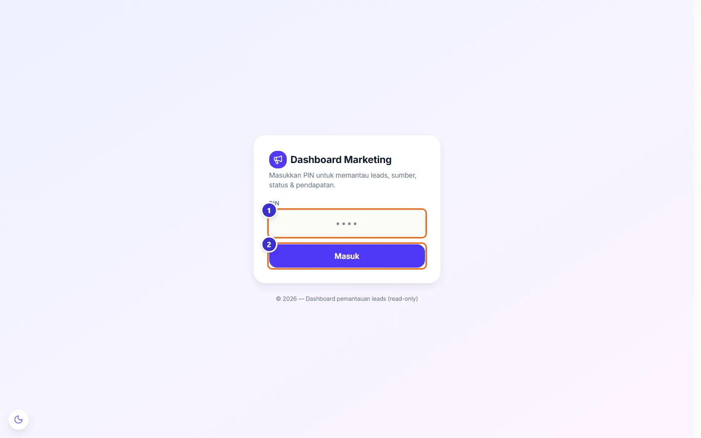 Halaman masuk Dashboard Marketing dengan kolom PIN