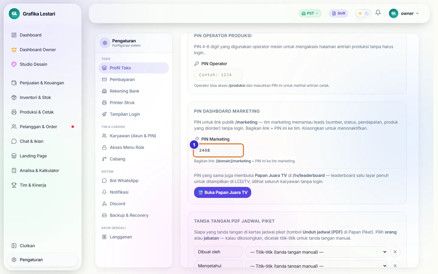Pengaturan Profil Toko bagian PIN Dashboard Marketing
