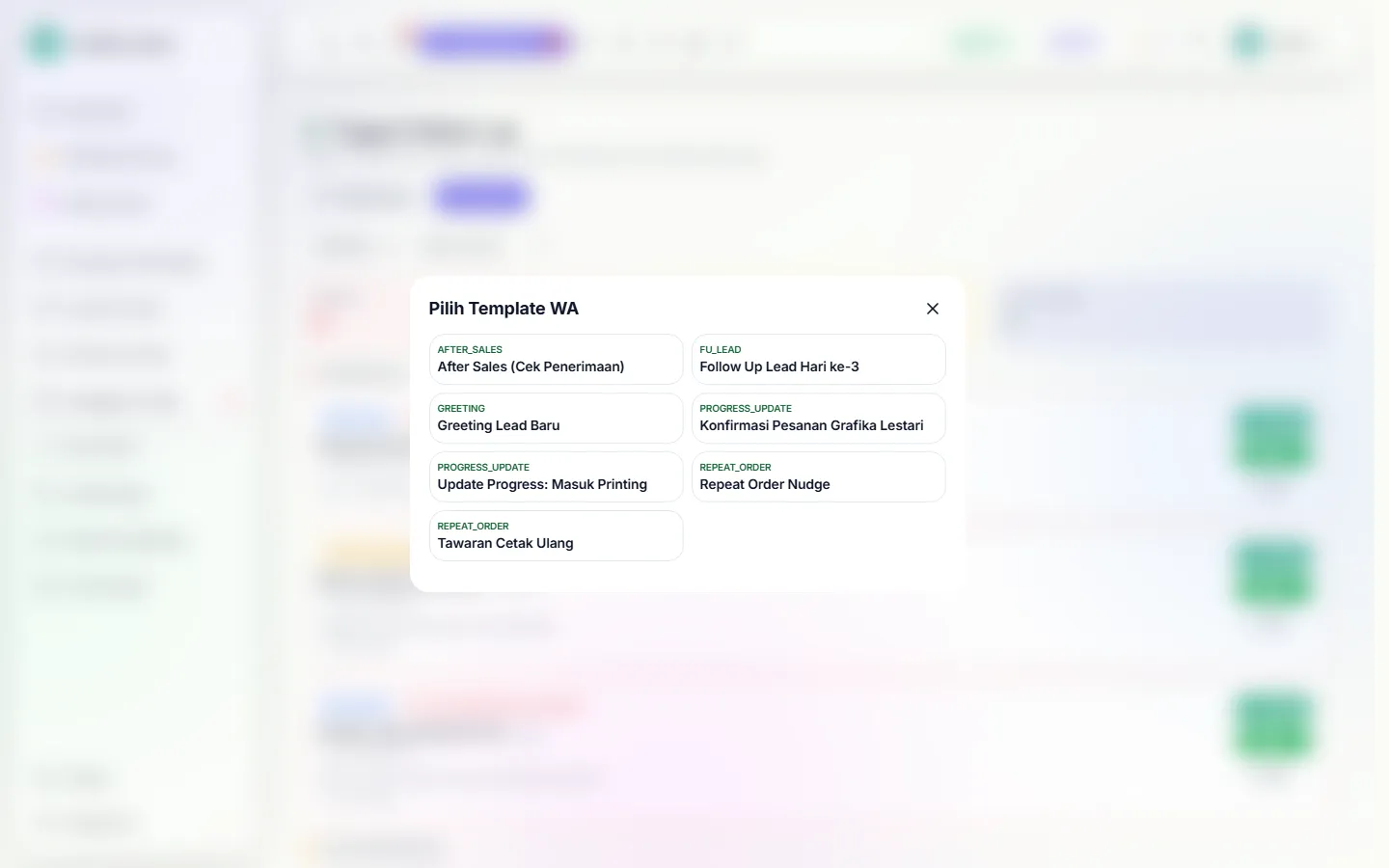 Jendela Pilih Template WA dari tugas follow-up