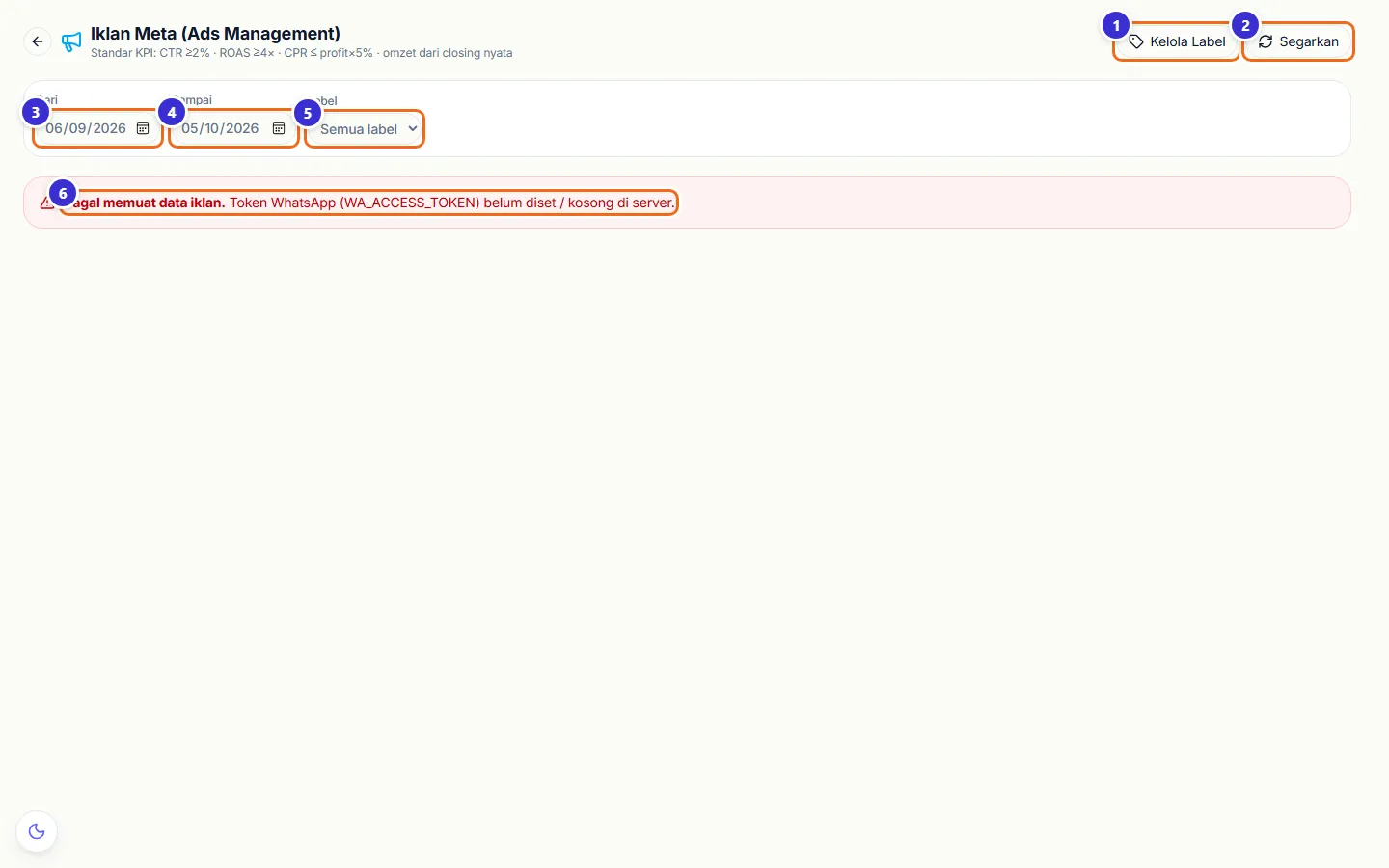 Halaman Iklan Meta dengan pesan token WhatsApp belum diset