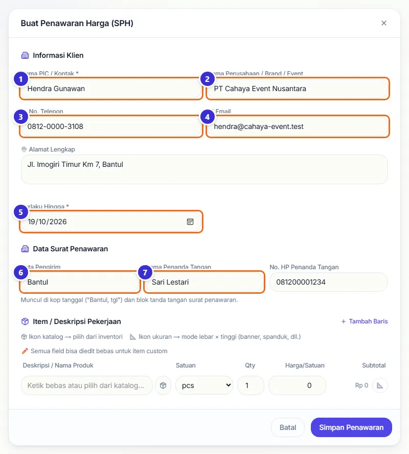 Formulir Buat Penawaran Harga bagian informasi klien