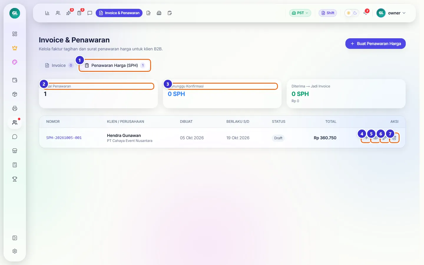 Tab Penawaran Harga dengan satu SPH berstatus Draft