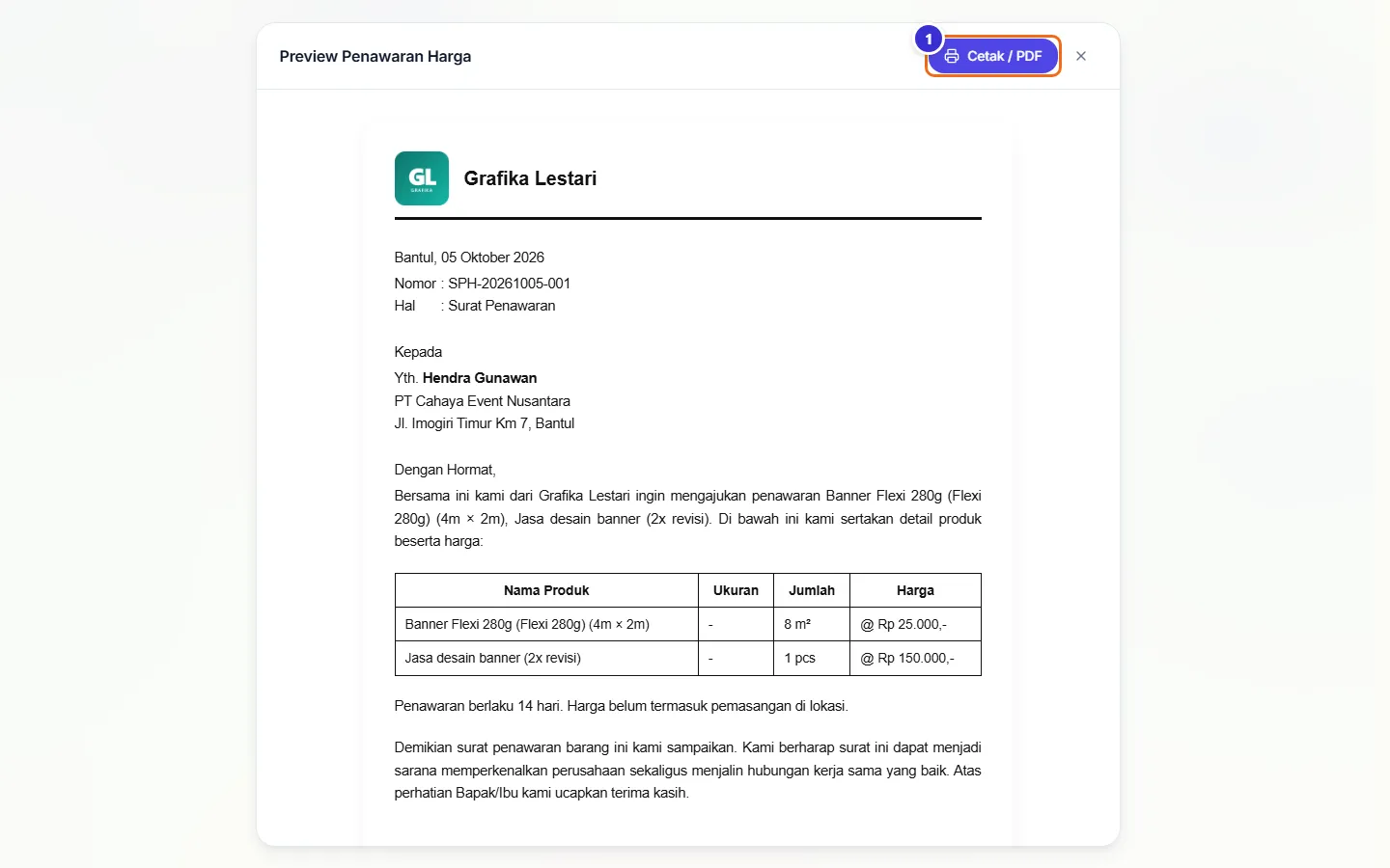 Pratinjau Surat Penawaran Harga dengan kop Grafika Lestari