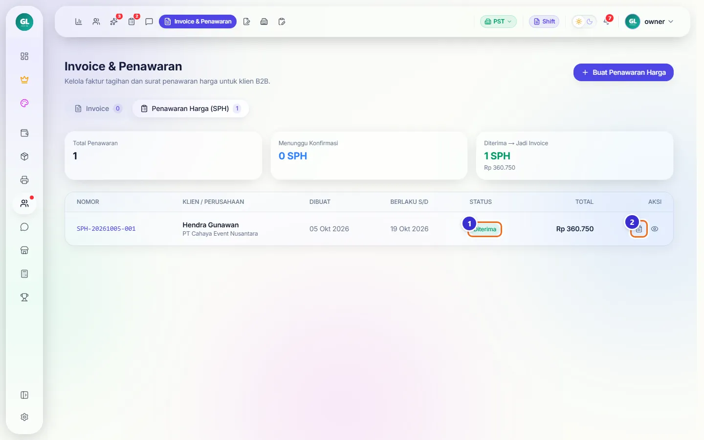 Penawaran berstatus Diterima dengan tombol Konversi ke Invoice