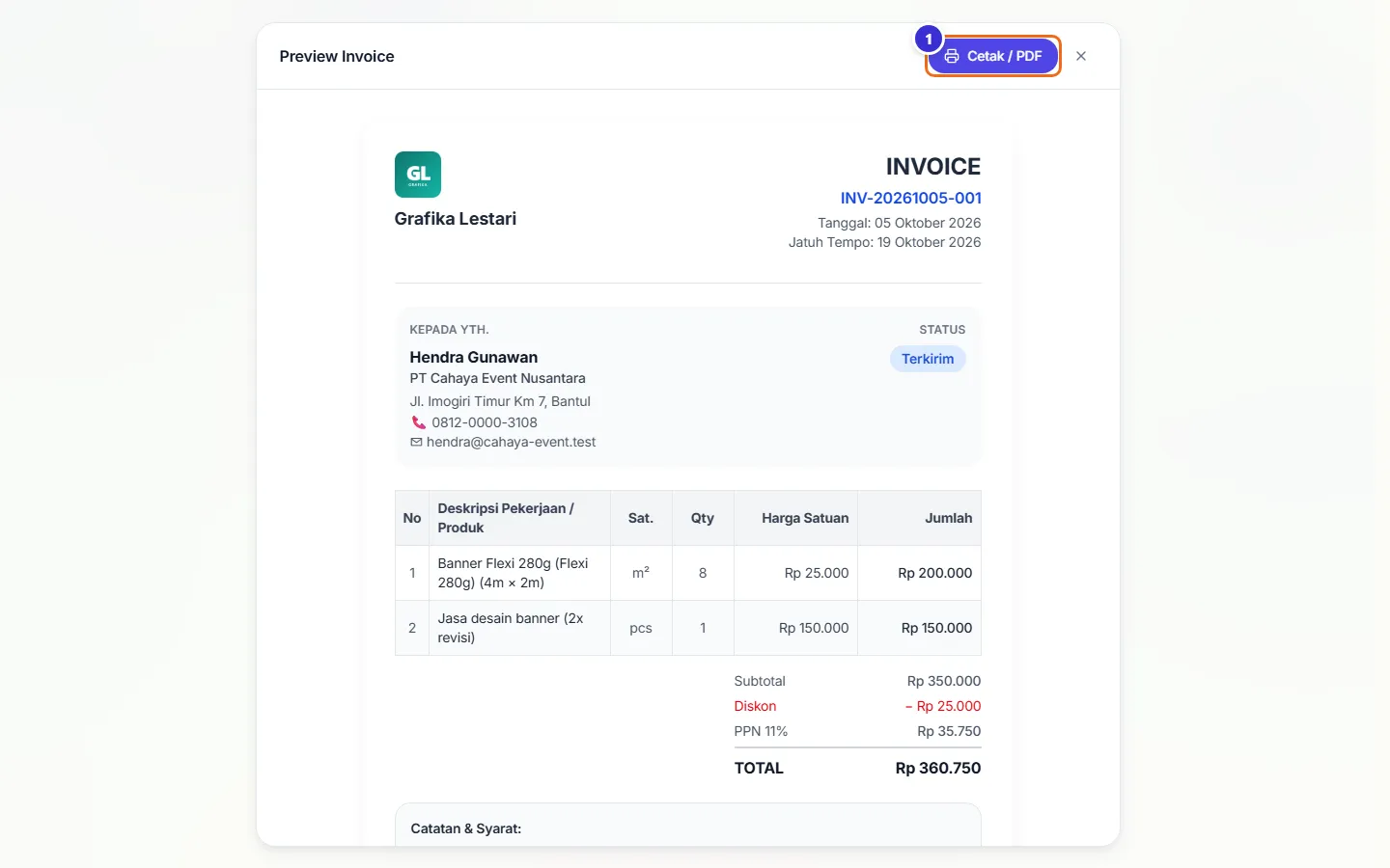 Pratinjau invoice siap cetak