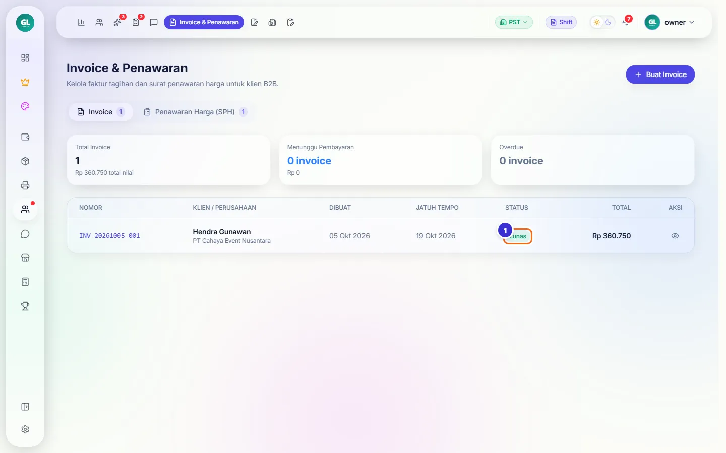 Invoice berstatus Lunas