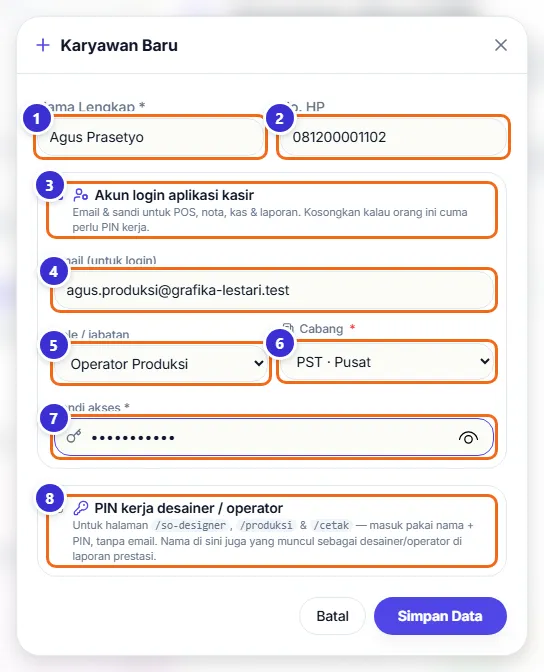 Formulir Karyawan Baru berisi nama, nomor HP, email, role, cabang, dan sandi