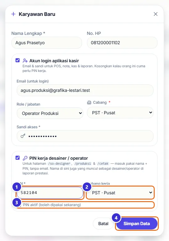 Bagian PIN kerja berisi PIN, cabang kerja, dan centang PIN aktif