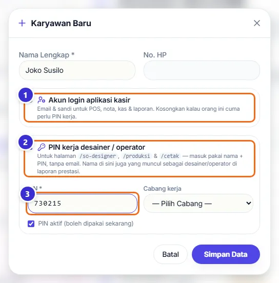 Formulir karyawan dengan akun login tidak dicentang dan PIN kerja dicentang