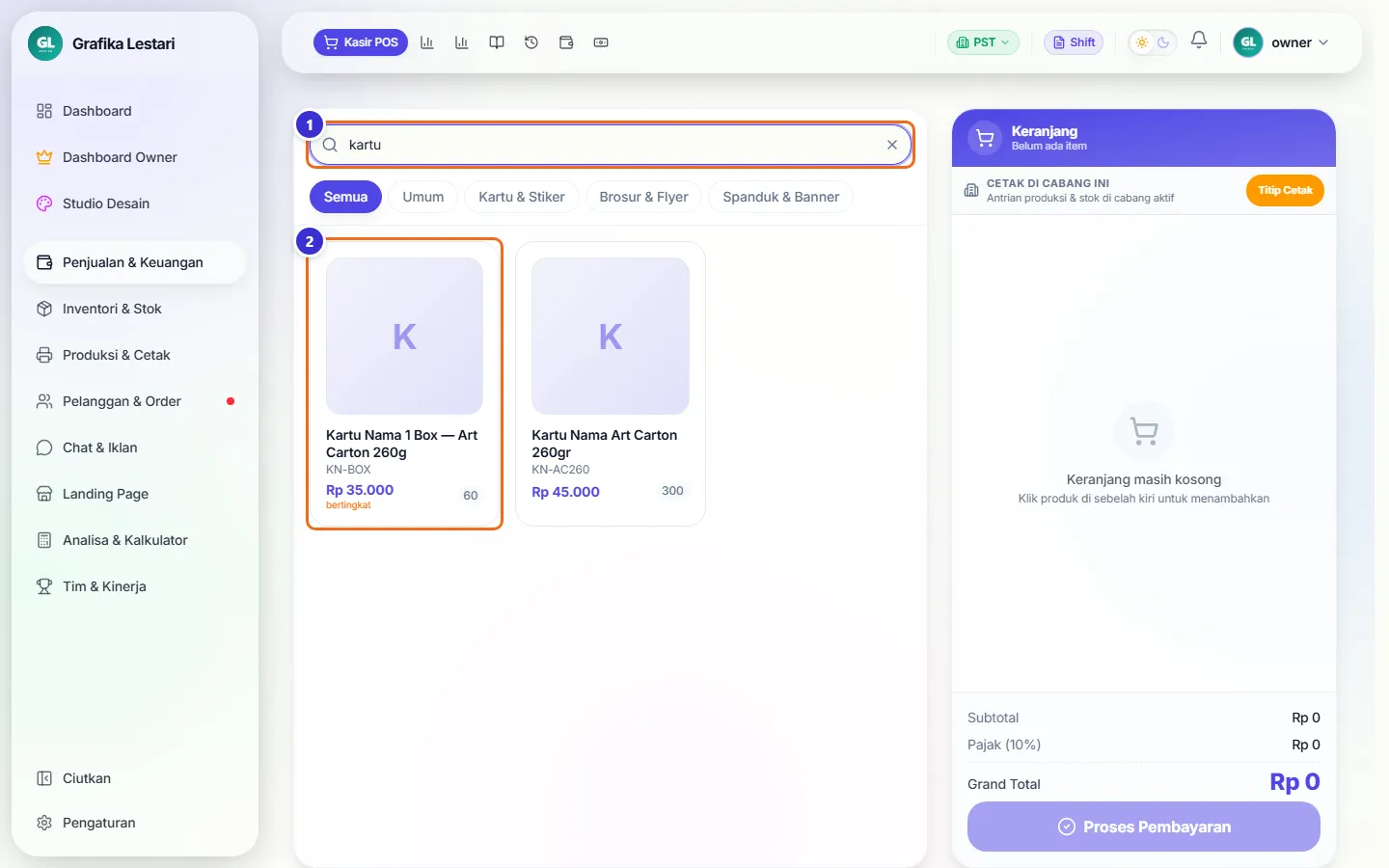 Kolom cari berisi kata kartu dan katalog hanya menampilkan Kartu Nama 1 Box