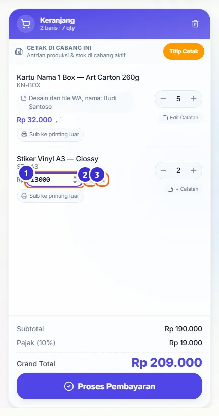 Kolom harga Stiker Vinyl A3 sedang diubah menjadi 13000