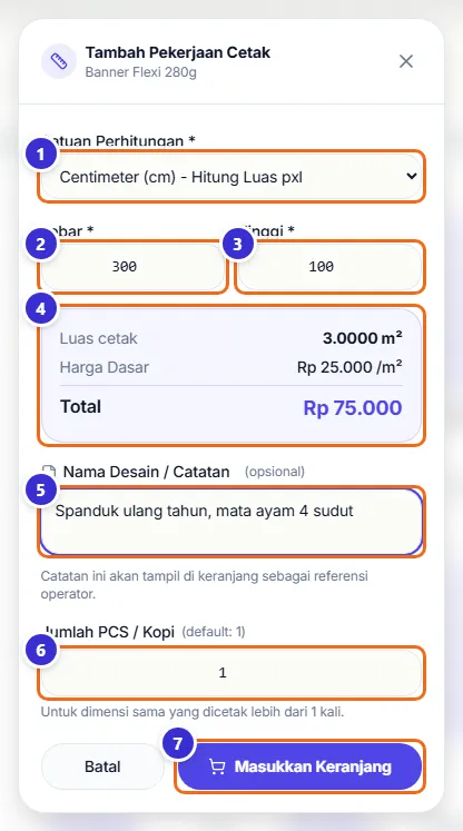 Jendela Tambah Pekerjaan Cetak untuk Banner Flexi 280g dengan lebar 300, tinggi 100 cm, luas 3 m² dan total Rp 75.000