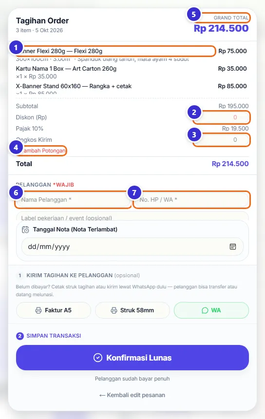 Jendela Tagihan Order dengan daftar barang, kolom diskon, ongkos kirim, dan data pelanggan
