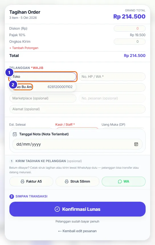 Kolom Nama Pelanggan berisi Toko dengan saran Toko Bu Ani di bawahnya