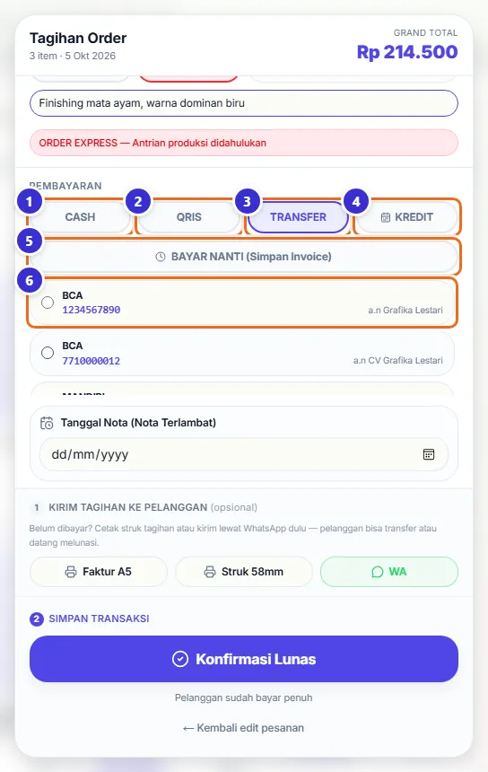 Tombol CASH, QRIS, TRANSFER, KREDIT, BAYAR NANTI dengan daftar rekening bank saat TRANSFER dipilih