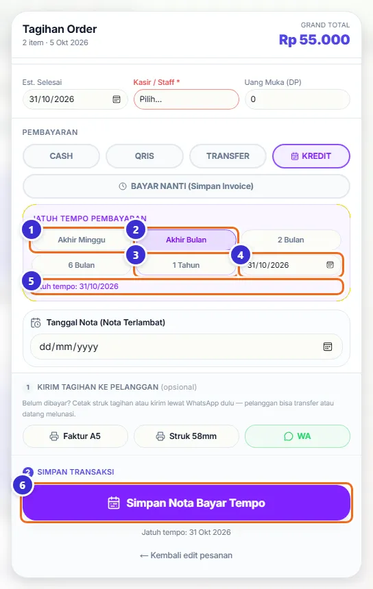 Panel Jatuh Tempo Pembayaran dengan Akhir Bulan terpilih, tanggal 31/10/2026, dan tombol Simpan Nota Bayar Tempo