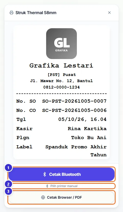 Jendela Struk Thermal 58mm dengan pratinjau struk dan tombol Cetak Bluetooth serta Cetak Browser / PDF