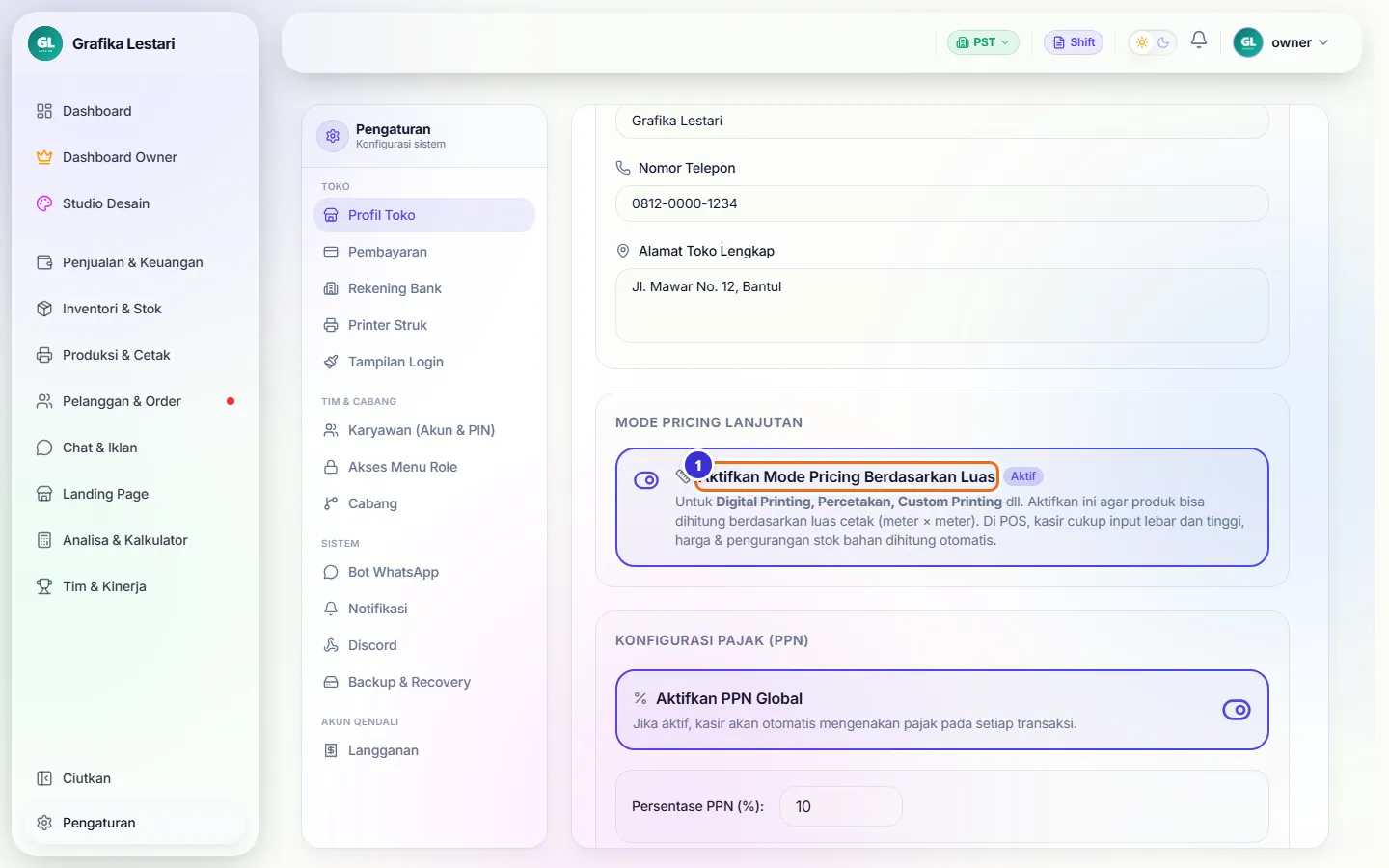Kartu Aktifkan Mode Pricing Berdasarkan Luas di halaman Pengaturan Profil Toko dengan label Aktif